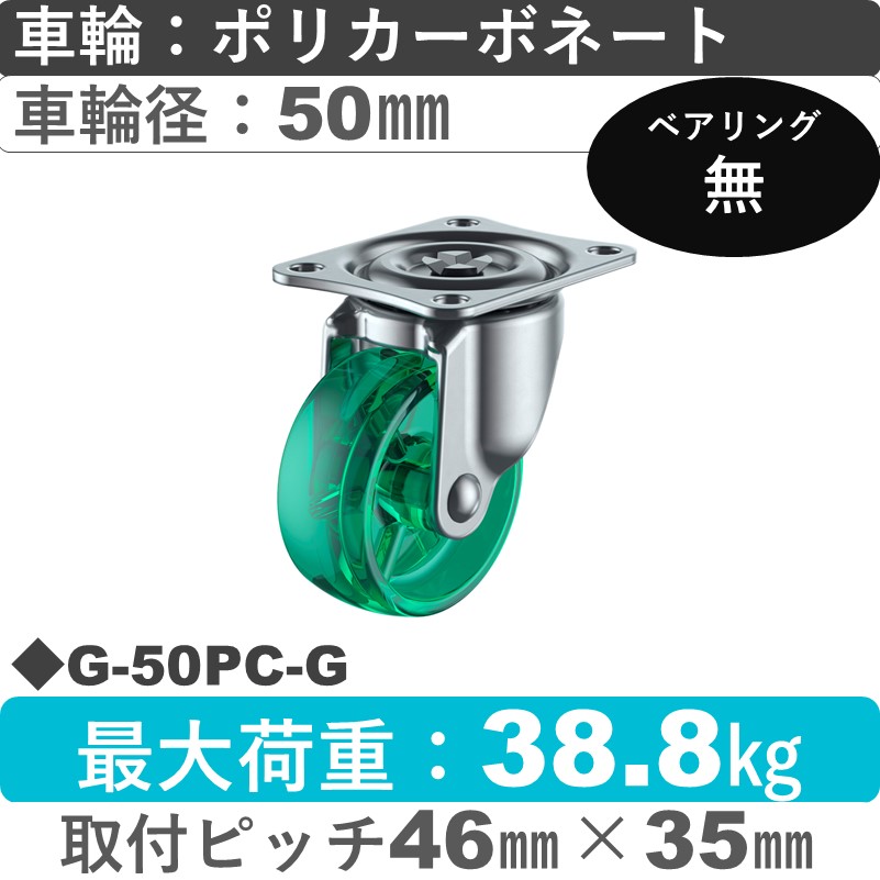 G-50PC-G ユーエイキャスター 自在金具 ポリカーボネート(緑)50㎜