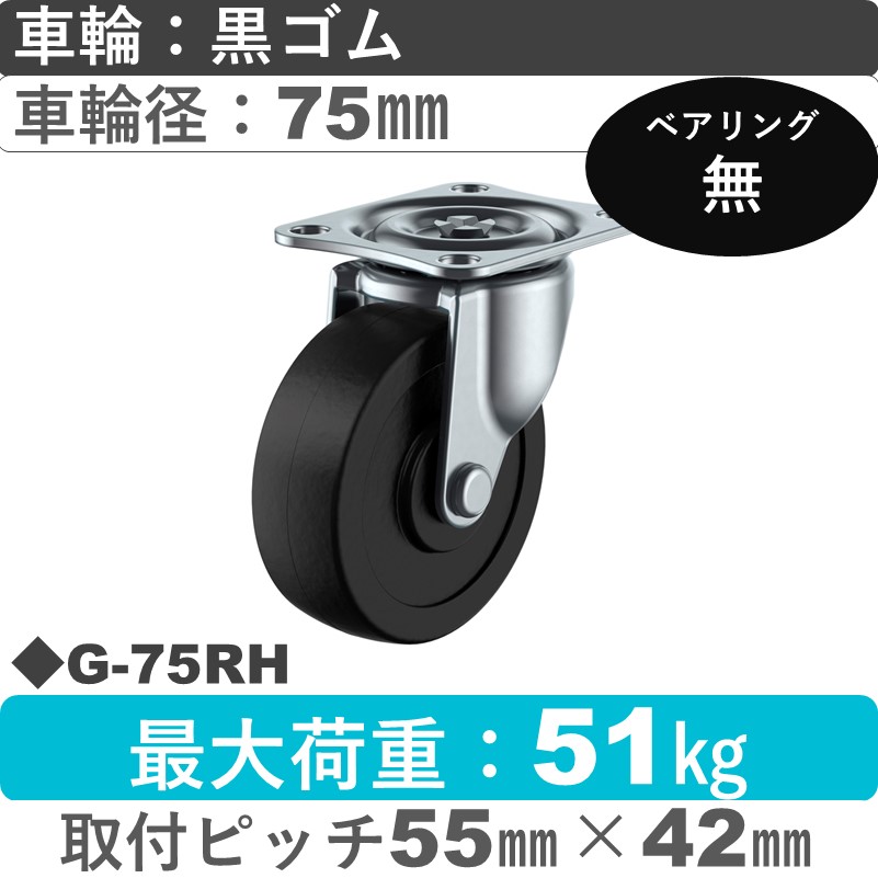 G-75RH ユーエイキャスター 自在金具 ゴム75㎜