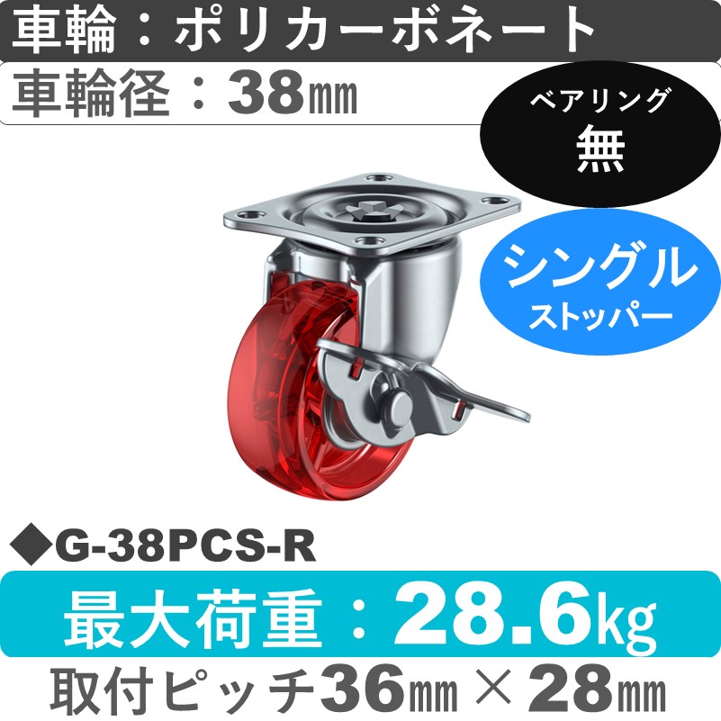 G-38PCS-R ユーエイキャスター ストッパー付自在金具 ポリカーボネート(赤)38㎜