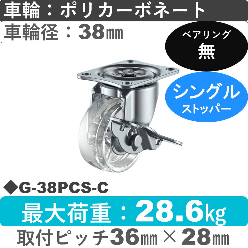 G-38PCS-C ユーエイキャスター ストッパー付自在金具 ポリカーボネート(透明)38㎜