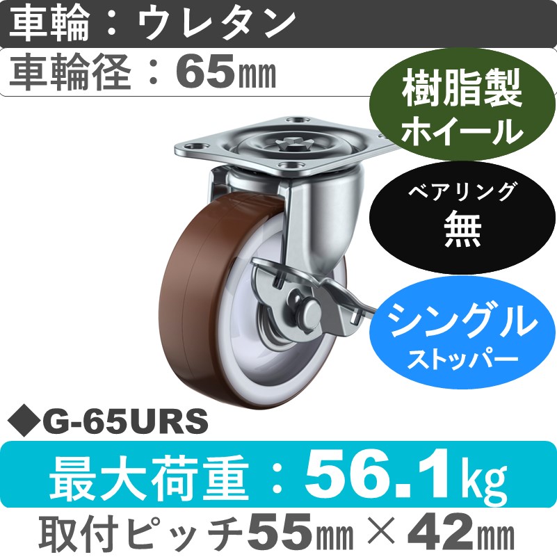 G-65URS ユーエイキャスター ストッパー付自在金具 ウレタン65㎜