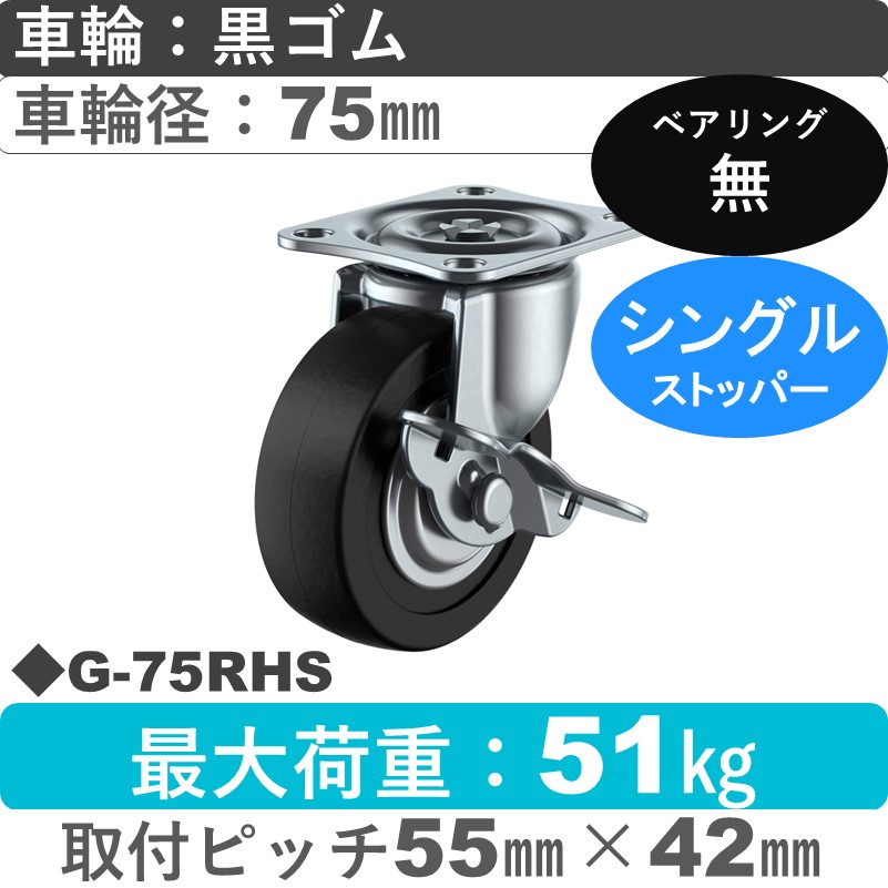 G-75RHS ユーエイキャスター ストッパー付自在金具 ゴム75㎜