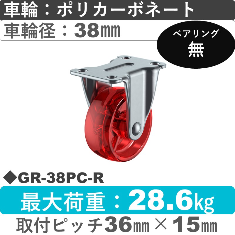 GR-38PC-R ユーエイキャスター 固定 ポリカーボネート(赤)38㎜