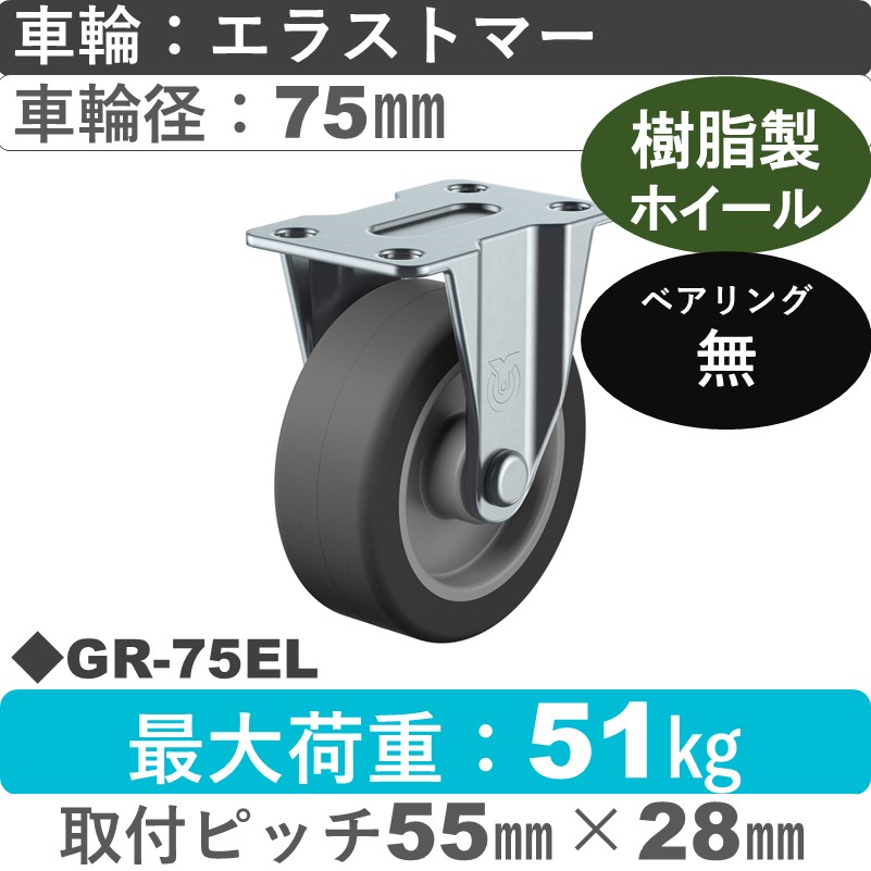 GR-75EL ユーエイキャスター 固定金具 エラストマー車輪75㎜