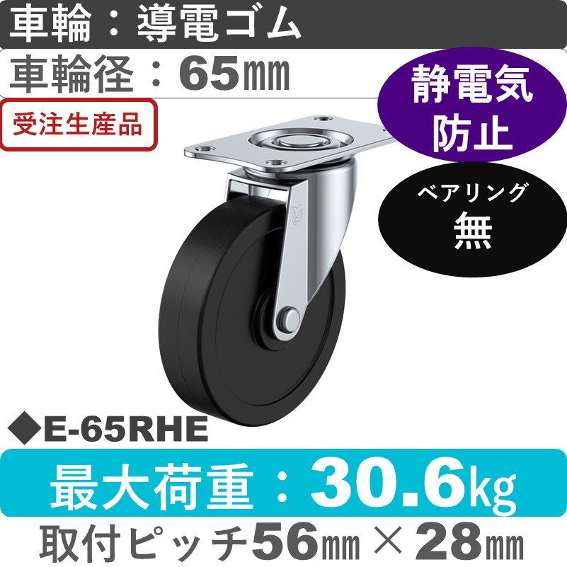 E-65RHE ユーエイキャスター 自在金具 導電ゴム車輪65㎜