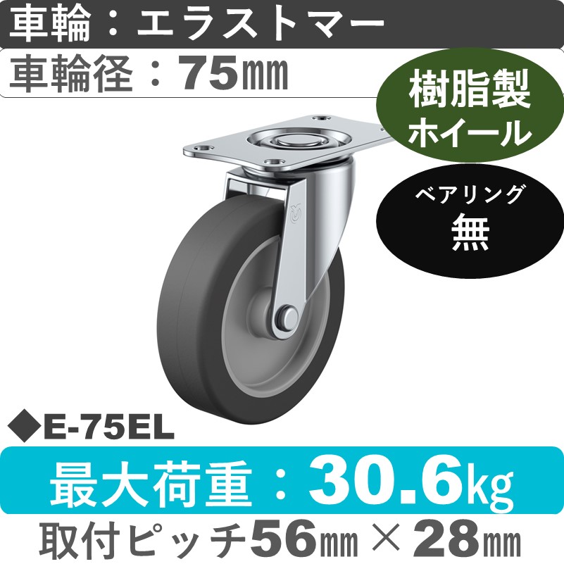 E-75EL ユーエイキャスター 自在金具 エラストマー車輪75㎜