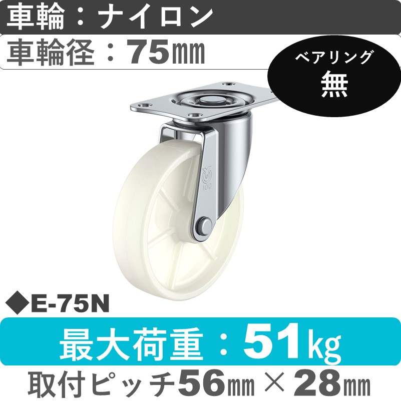 E-75N ユーエイキャスター 自在金具 ナイロン車輪75㎜