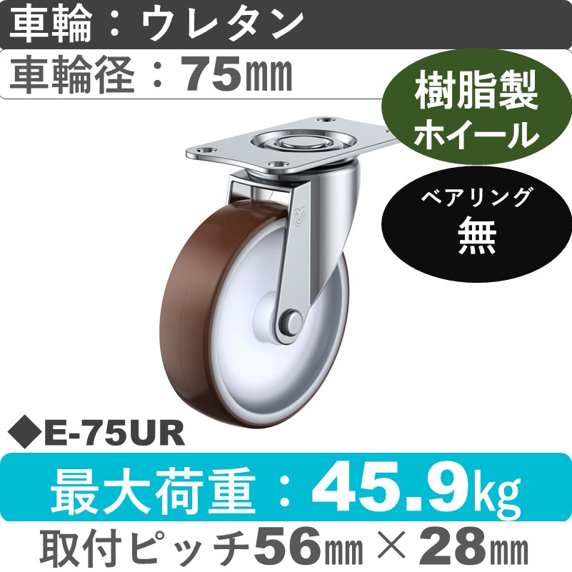 E-75UR ユーエイキャスター 自在金具 ウレタン車輪75㎜