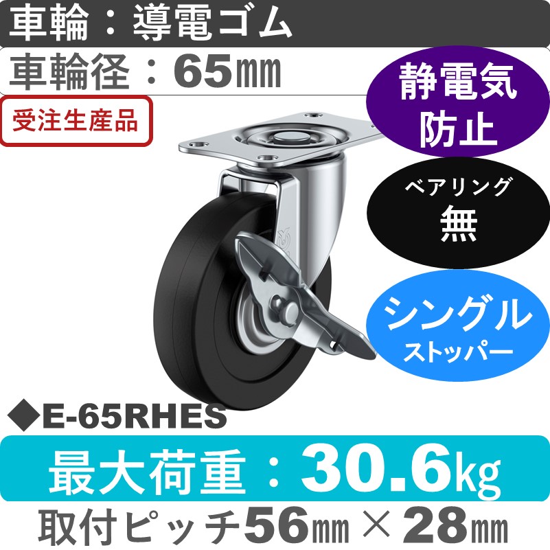 E-65RHES ユーエイキャスター ストッパー付自在金具 導電ゴム車輪65㎜