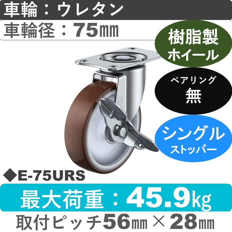 E-75URS ユーエイキャスター ストッパー付自在金具 ウレタン車輪75㎜