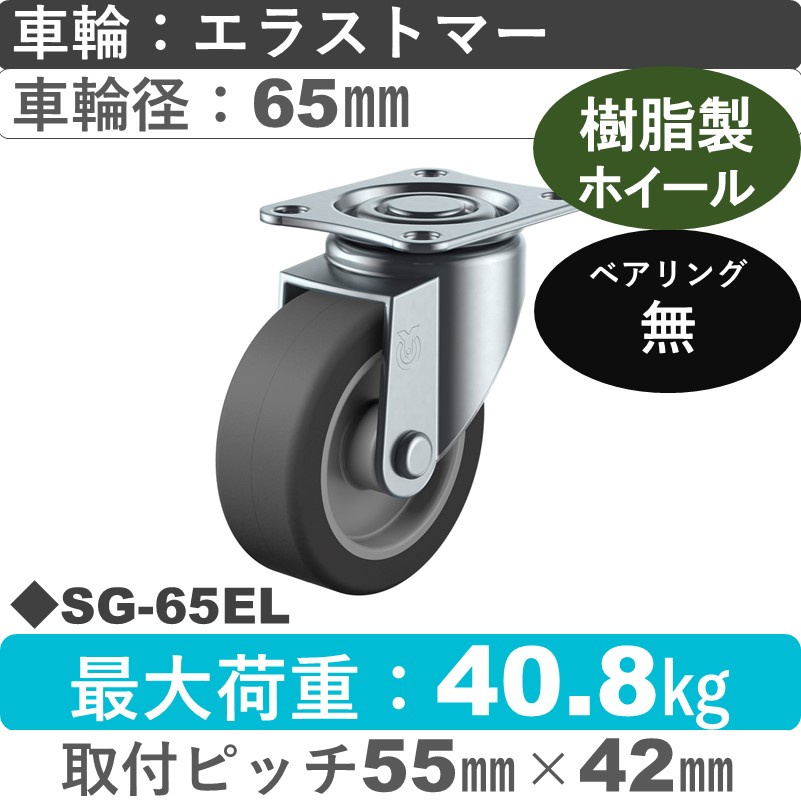 SG-65EL ユーエイキャスター 自在金具 エラストマー車輪65㎜