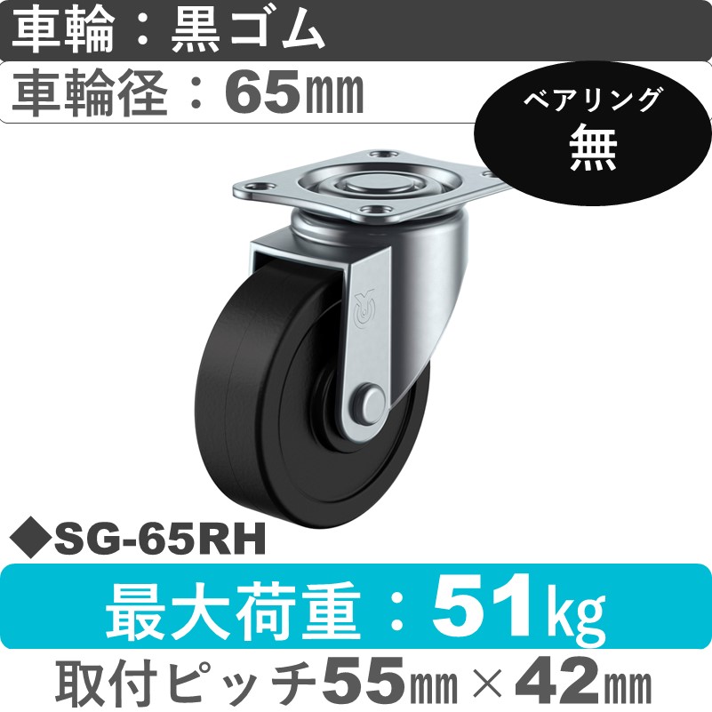 SG-65RH ユーエイキャスター 自在金具 ゴム車輪65㎜