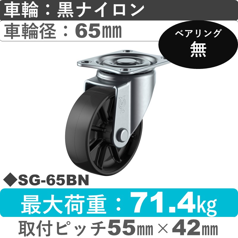SG-65BN ユーエイキャスター 自在金具 ナイロン(黒)車輪65㎜