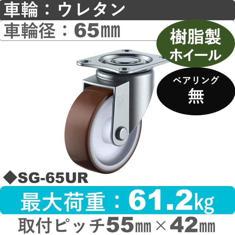 SG-65UR ユーエイキャスター 自在金具 ウレタン車輪65㎜