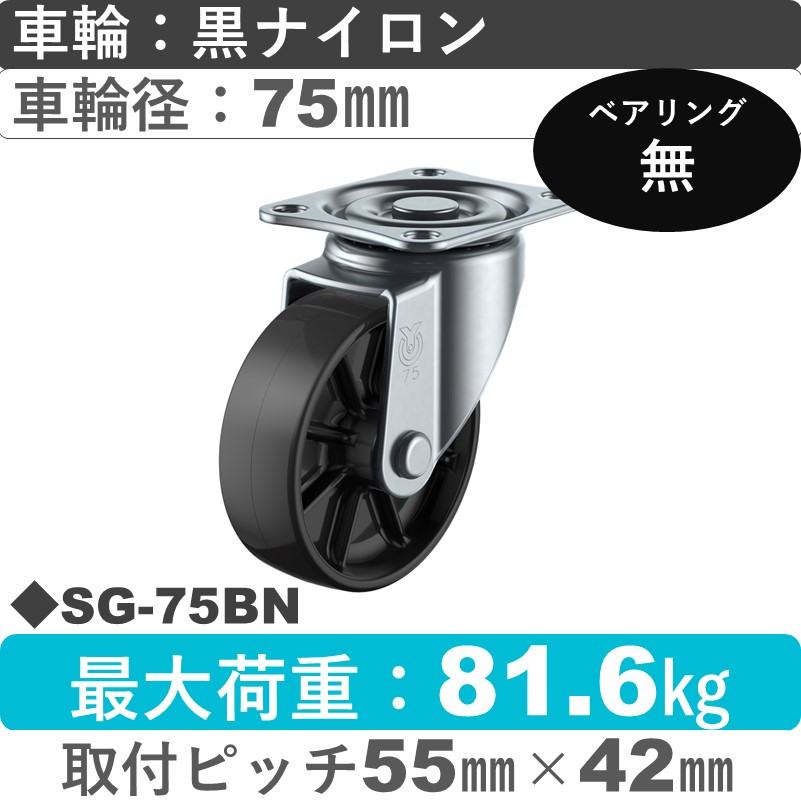 SG-75BN ユーエイキャスター 自在金具 ナイロン(黒)車輪75㎜
