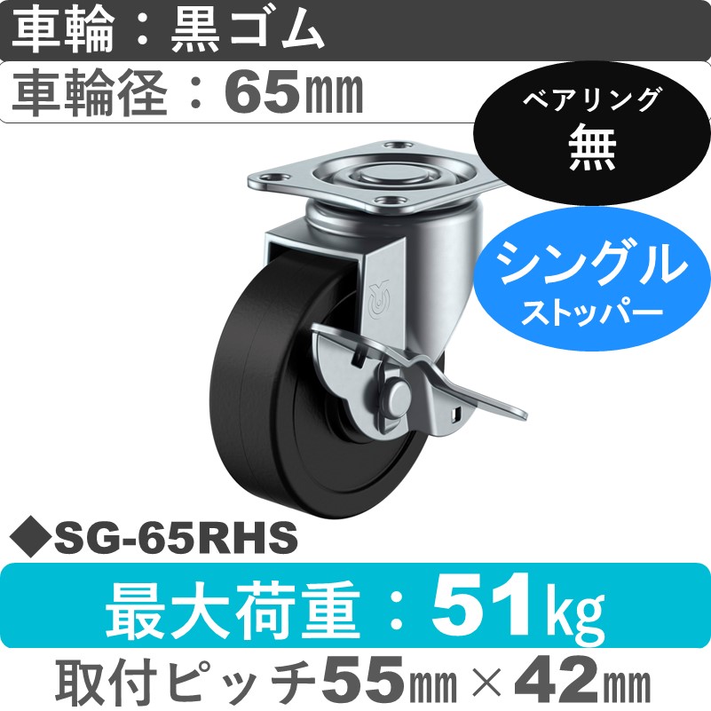 SG-65RHS ユーエイキャスター ストッパー付自在金具 ゴム車輪65㎜