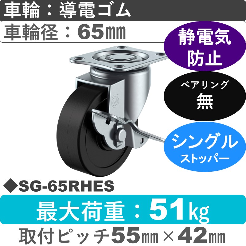SG-65RHES ユーエイキャスター ストッパー付自在金具 導電ゴム車輪65㎜