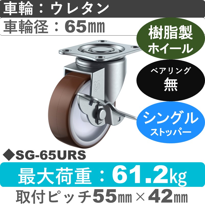 SG-65URS ユーエイキャスター ストッパー付自在金具 ウレタン車輪65㎜