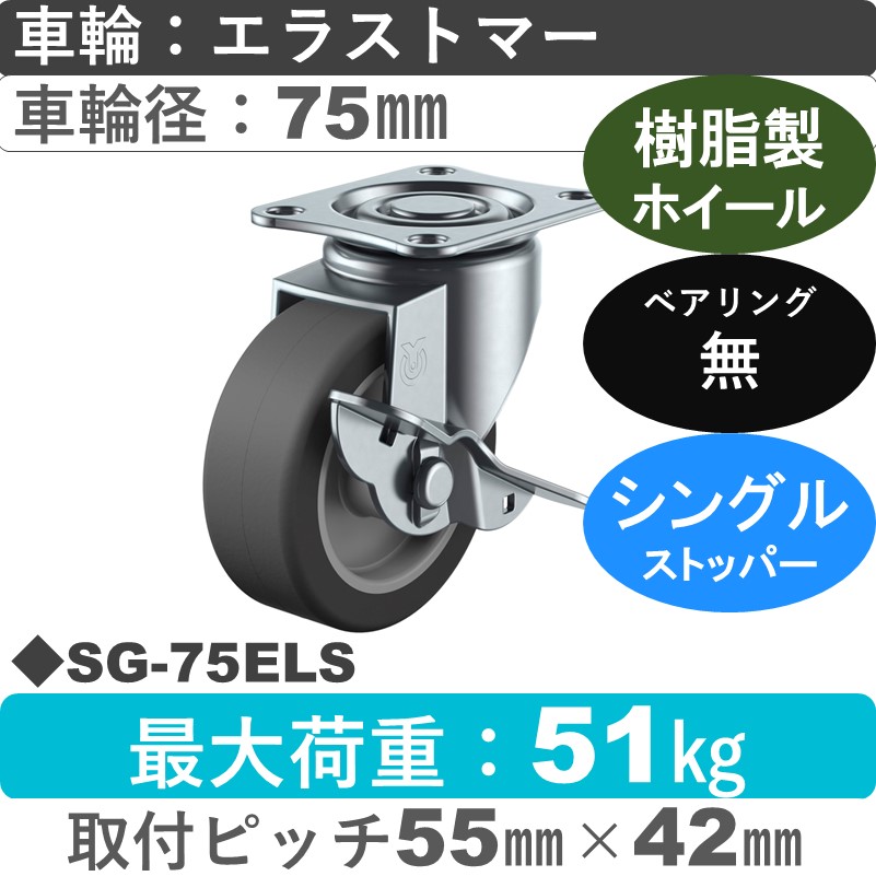 SG-75ELS ユーエイキャスター ストッパー付自在金具 エラストマー車輪75㎜