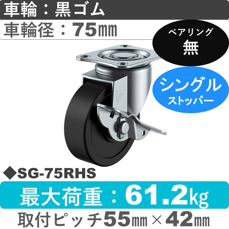 SG-75RHS ユーエイキャスター ストッパー付自在金具 ゴム車輪75㎜