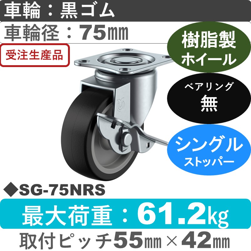 SG-75NRS ユーエイキャスター ストッパー付自在金具 ゴム車輪75㎜