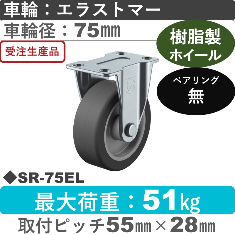 SR-75EL ユーエイキャスター 固定金具 エラストマー車輪75㎜
