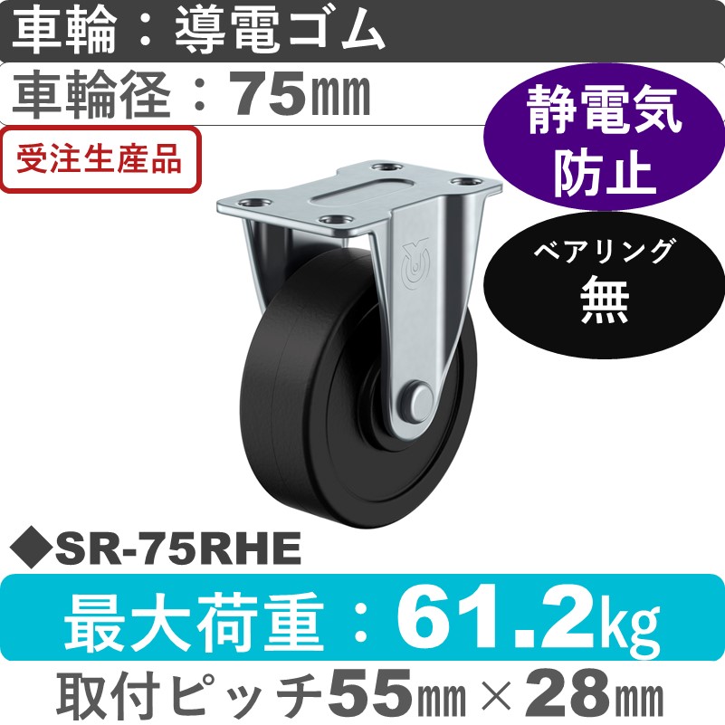 SR-75RHE ユーエイキャスター 固定金具 導電ゴム車輪75㎜