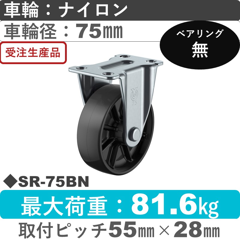 SR-75BN ユーエイキャスター 固定金具 ナイロン(黒)車輪75㎜