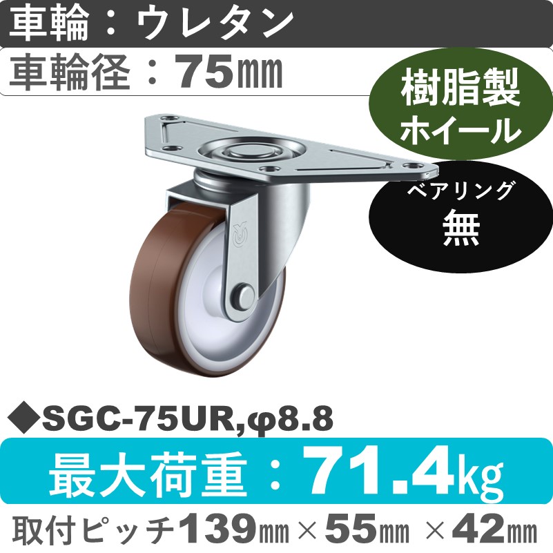 SGC-75UR,φ8.8 ユーエイキャスター 自在金具 ウレタン車輪75㎜