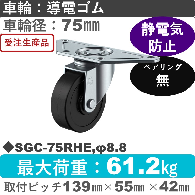 SGC-75RHE,φ8.8 ユーエイキャスター 自在金具 導電ゴム車輪75㎜