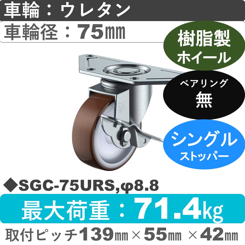SGC-75URS,φ8.8 ユーエイキャスター ストッパー付自在金具 ウレタン車輪75㎜
