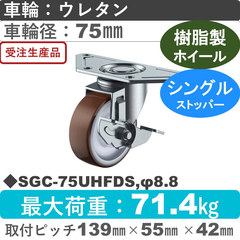 SGC-75UHFDS,φ8.8 ユーエイキャスター ストッパー付自在金具 ウレタン(B入)車輪75㎜