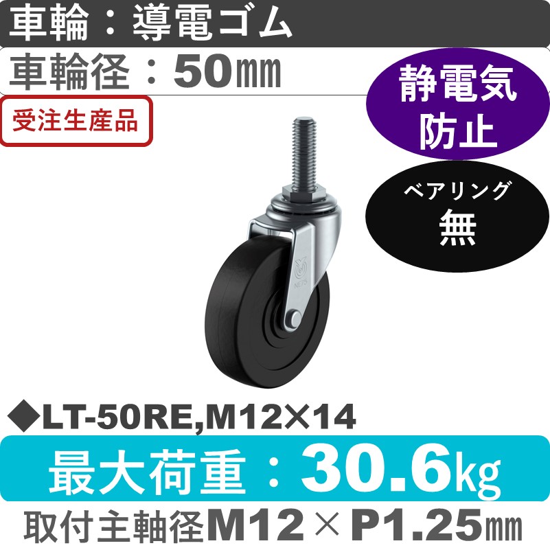 LT-50RE,M12×14 ユーエイキャスター 自在ねじ込み式 導電ゴム車輪50㎜