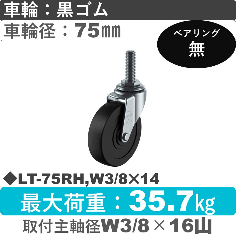 LT-75RH,W3/8×14 ユーエイキャスター 自在ねじ込み式 ゴム車輪75㎜