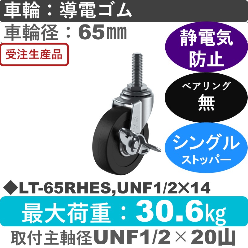 LT-65RHES,UNF1/2×14 ユーエイキャスター ストッパー付自在ねじ込み式 導電ゴム車輪65㎜