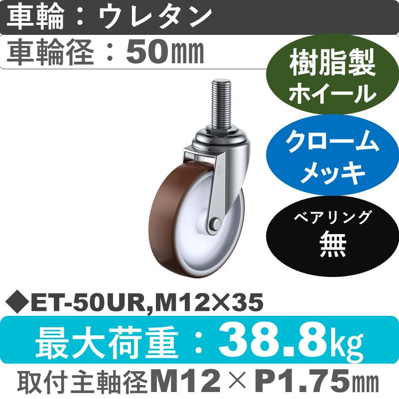 ET-50UR,M12×35 ユーエイキャスター 自在ねじ込み式 ウレタン車輪50㎜