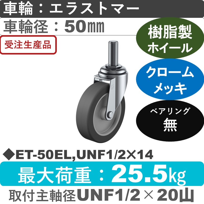 ET-50EL,UNF1/2×14 ユーエイキャスター 自在ねじ込み式 エラストマー車輪50㎜