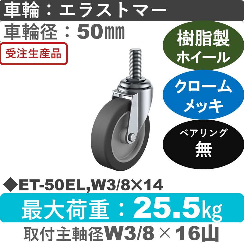 ET-50EL,W3/8×14 ユーエイキャスター 自在ねじ込み式 エラストマー車輪50㎜