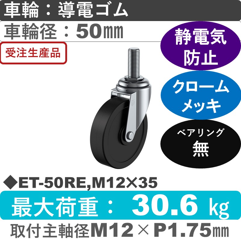 ET-50RE,M12×35 ユーエイキャスター 自在ねじ込み式 導電ゴム車輪50㎜