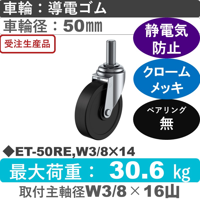 ET-50RE,W3/8×14 ユーエイキャスター 自在ねじ込み式 導電ゴム車輪50㎜