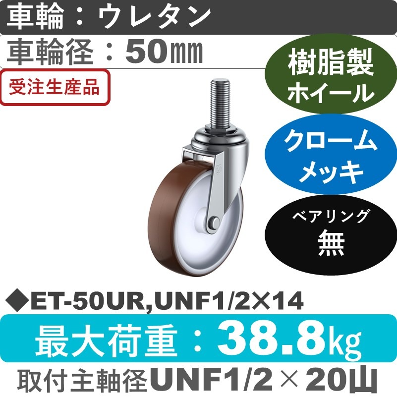 ET-50UR,UNF1/2×14 ユーエイキャスター 自在ねじ込み式 ウレタン車輪50㎜