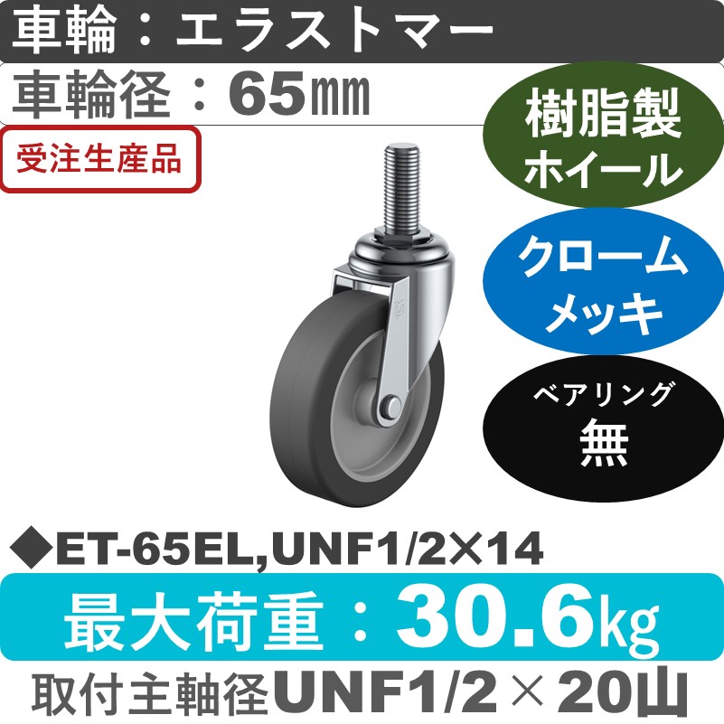 ET-65EL,UNF1/2×14 ユーエイキャスター 自在ねじ込み式 エラストマー車輪65㎜