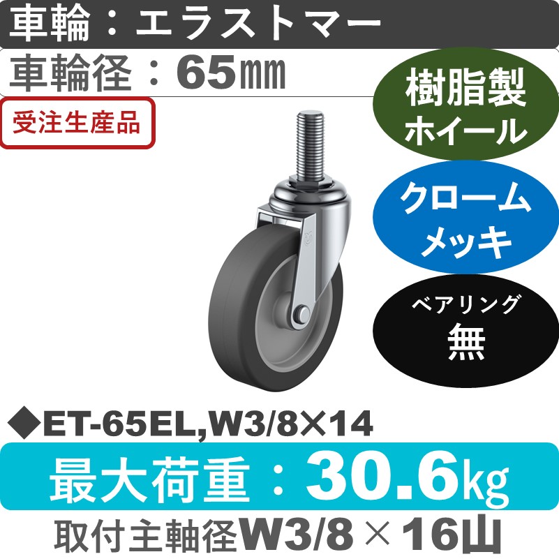 ET-65EL,W3/8×14 ユーエイキャスター 自在ねじ込み式 エラストマー車輪65㎜