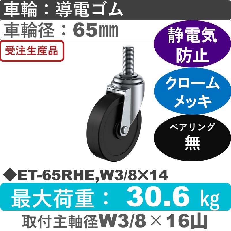 ET-65RHE,W3/8×14 ユーエイキャスター 自在ねじ込み式 導電ゴム車輪65㎜