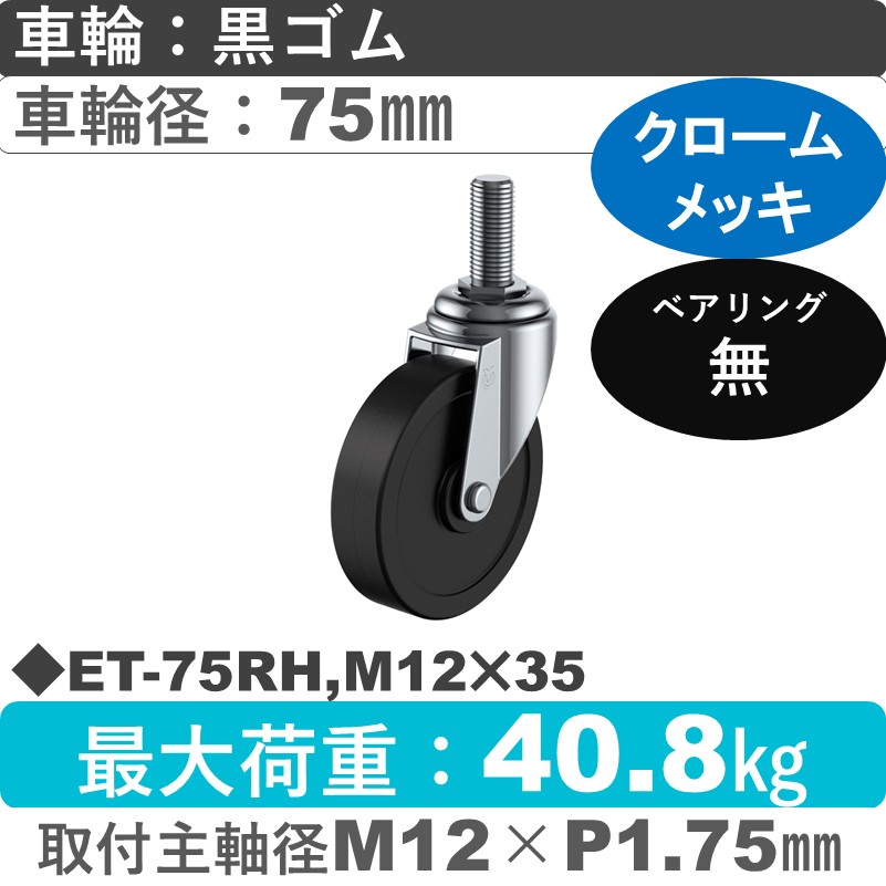 ET-75RH,M12×35 ユーエイキャスター 自在ねじ込み式 ゴム車輪75㎜