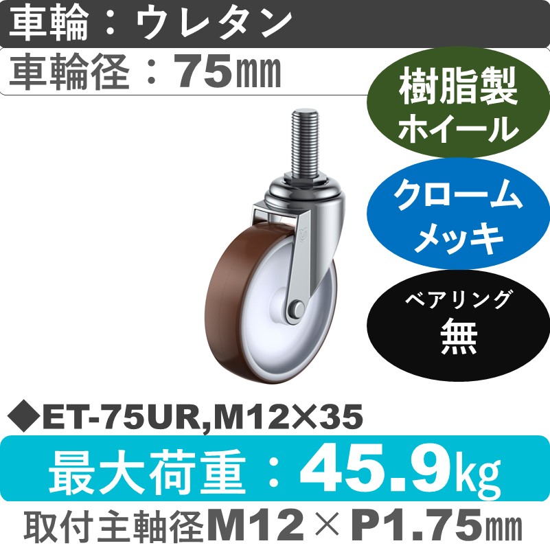 ET-75UR,M12×35 ユーエイキャスター 自在ねじ込み式 ウレタン車輪75㎜