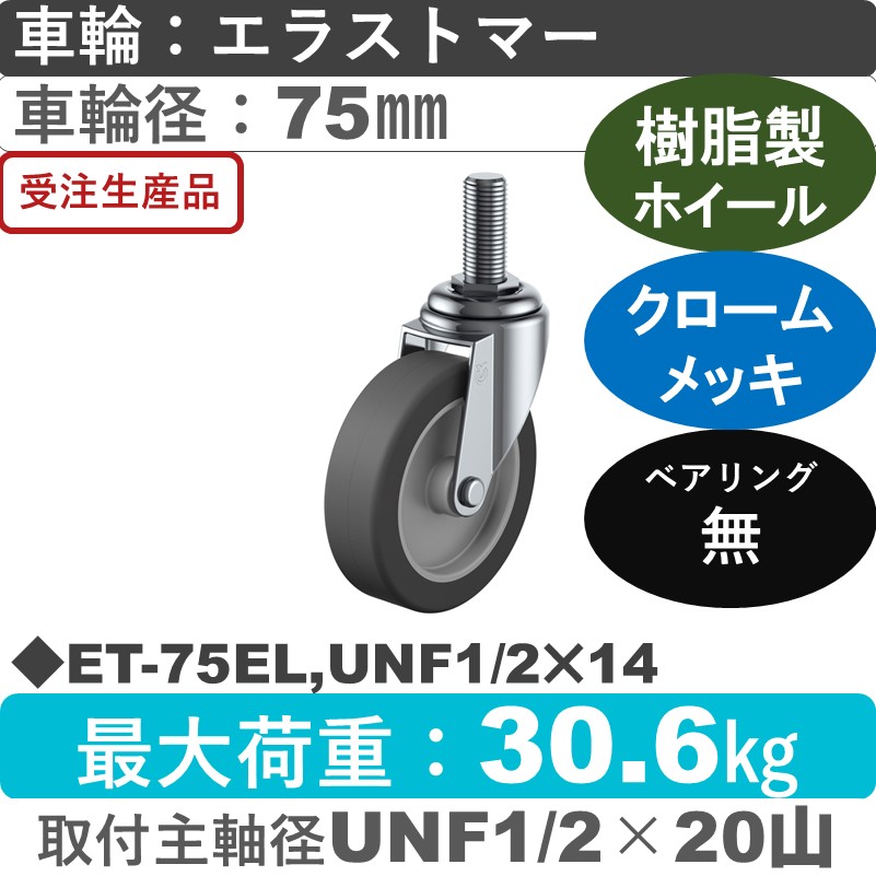 ET-75EL,UNF1/2×14 ユーエイキャスター 自在ねじ込み式 エラストマー車輪75㎜