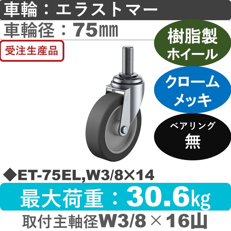 ET-75EL,W3/8×14 ユーエイキャスター 自在ねじ込み式 エラストマー車輪75㎜