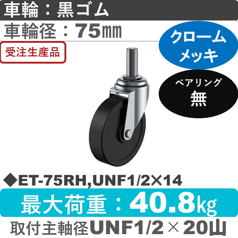 ET-75RH,UNF1/2×14 ユーエイキャスター 自在ねじ込み式 ゴム車輪75㎜