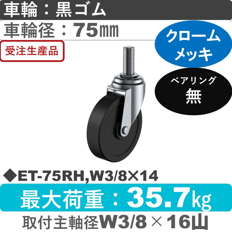 ET-75RH,W3/8×14 ユーエイキャスター 自在ねじ込み式 ゴム車輪75㎜